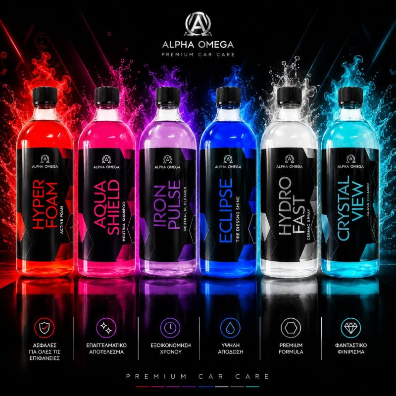 Alpha Omega Premium Car Care Set - HyperFoam, Aqua Shield, Iron Pulse, Eclipse, Hydro Fast, Crystal View